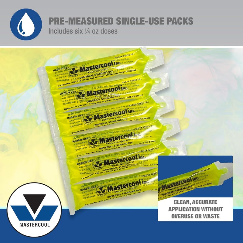 MASTERCOOL 92699 Standard Universal UV Dye – Six ¼ oz Packs – Compatible with R‑1234yf, Hybrid, CO₂ & Conventional Systems - Image 2